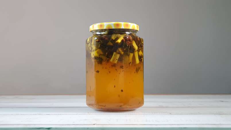 Macérat de rhubarbe avec du miel, du thé vert, de la menthe et diverses épices, photo 7